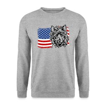 AUSTRALIAN TERRIER Amerika Fahne Hunde Wilsigns - Unisex Pullover - Weißgrau meliert - Vorne - Alina (178cm) & Michal (187cm)