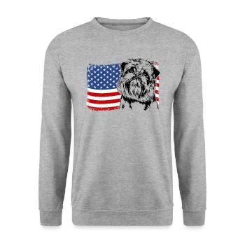 BELGISCHER ZWERGGRIFFON Amerika Fahne Wilsigns - Unisex Pullover - Weißgrau meliert - Vorne - Alina (178cm) & Michal (187cm)