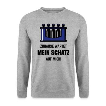 XZuhause Wartet Mein Schatz Auf Mich! (Blau) - Unisex Pullover - Weißgrau meliert - Vorne - Alina (178cm) & Michal (187cm)