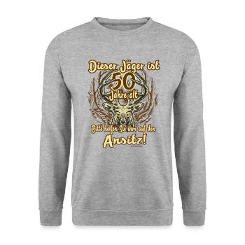 JD - Jäger Shirts - dieser Jäger ist 50 Jahre alt - Unisex Pullover - Weißgrau meliert - Vorne - Alina (178cm) & Michal (187cm)