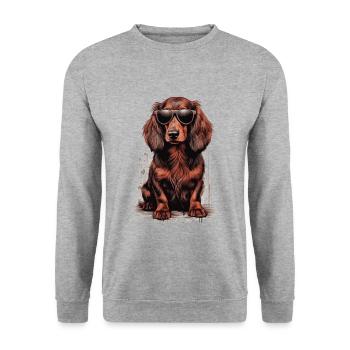 Langhaardackel mit Sonnenbrille für Dackelfans - Unisex Pullover - Weißgrau meliert - Vorne - Alina (178cm) & Michal (187cm)