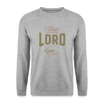 Von ganzem Herzen vertrauen - Christliches Zitat - Unisex Pullover - Weißgrau meliert - Vorne - Alina (178cm) & Michal (187cm)