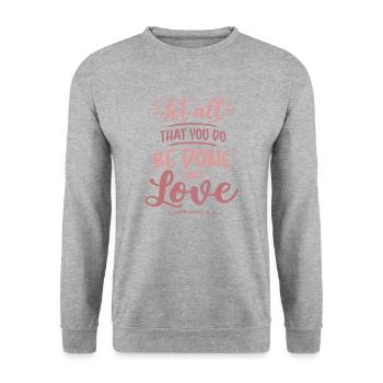 Liebe in Aktion - Christliches Zitat - Unisex Pullover - Weißgrau meliert - Vorne - Alina (178cm) & Michal (187cm)