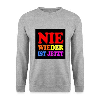 Nie wieder ist jetzt - Unisex Pullover - Weißgrau meliert - Vorne - Alina (178cm) & Michal (187cm)