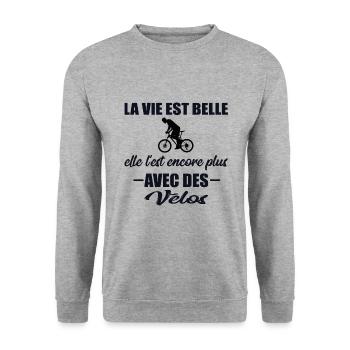 La vie est belle t-shirt vélo cadeau citations - Sweat-shirt Unisexe - gris chiné - Devant - Alina (178cm) & Michal (187cm)