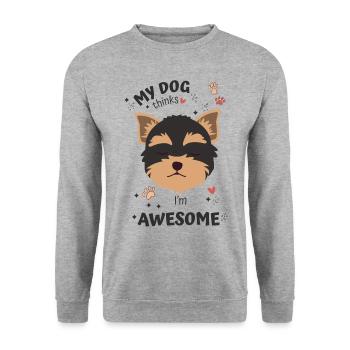 My Dog thinks I am awesome | Yorkshire Terrier - Unisex Pullover - Weißgrau meliert - Vorne - Alina (178cm) & Michal (187cm)