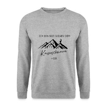 Spruch Ich bin nur wegen dem Kaiserschmarrn hier - Unisex Pullover - Weißgrau meliert - Vorne - Alina (178cm) & Michal (187cm)