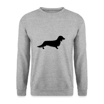 Langhaardackel - Unisex Pullover - Weißgrau meliert - Vorne - Alina (178cm) & Michal (187cm)