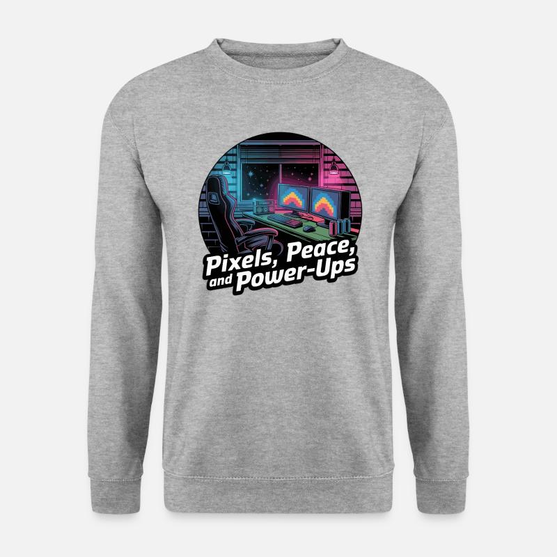 Pixels, Peace & Power-Ups – Gaming-Setup - Unisex Pullover - Weißgrau meliert