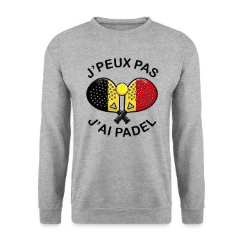 J'peux pas j'ai Padel Belgique Humour Padeliste - Sweat-shirt Unisexe - gris chiné - Devant - Alina (178cm) & Michal (187cm)