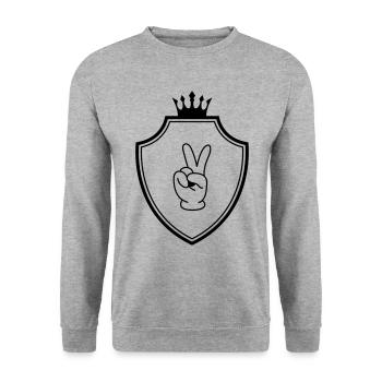 Peace Hand Comic Wappen - Unisex Pullover - Weißgrau meliert - Vorne - Alina (178cm) & Michal (187cm)