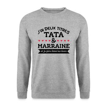 tata et Marraine, Marraine - Famille - Tata - Sweat-shirt Unisexe - gris chiné - Devant - Alina (178cm) & Michal (187cm)