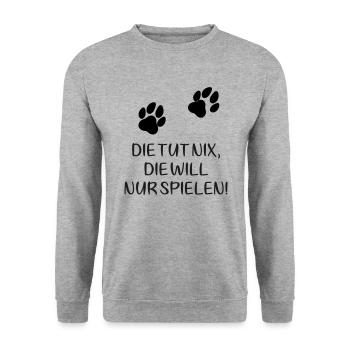 Zwei Pfoten: Die tut nix, die will nur spielen! - Unisex Pullover - Weißgrau meliert - Vorne - Alina (178cm) & Michal (187cm)