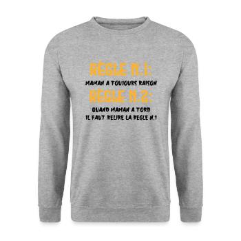 Règle n°1 : Maman a toujours raison !!! - Sweat-shirt Unisexe - gris chiné - Devant - Alina (178cm) & Michal (187cm)