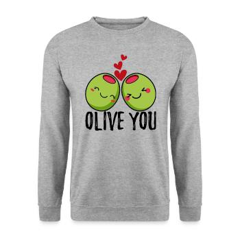Olive You | Ich Liebe Dich | Valentinstag Herz - Unisex Pullover - Weißgrau meliert - Vorne - Alina (178cm) & Michal (187cm)