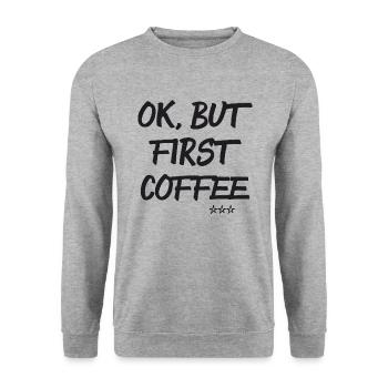 First Coffee - Unisex Pullover - Weißgrau meliert - Vorne - Alina (178cm) & Michal (187cm)
