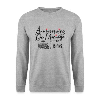 Anniversaire de mariage 18 ans | Noce de Turquoise - Sweat-shirt Unisexe - gris chiné - Devant - Alina (178cm) & Michal (187cm)
