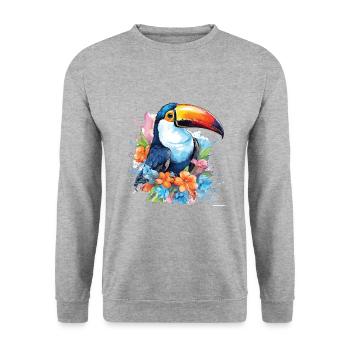 Bunte Aquarellkunst - Niedliches Tukan-design - Unisex Pullover - Weißgrau meliert - Vorne - Alina (178cm) & Michal (187cm)
