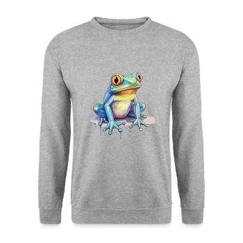 Bunte Kunst - Niedliches &; Wildes Froschdesign - Unisex Pullover - Weißgrau meliert - Vorne - Alina (178cm) & Michal (187cm)