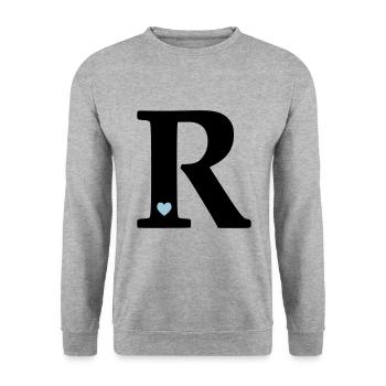 Buchstabe R Anfangsbuchstabe - Unisex Pullover - Weißgrau meliert - Vorne - Alina (178cm) & Michal (187cm)