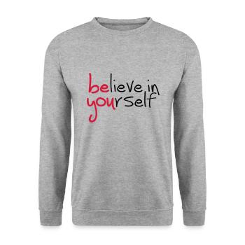 Slogan glaube an dich. glaub an dich - Unisex Pullover - Weißgrau meliert - Vorne - Alina (178cm) & Michal (187cm)