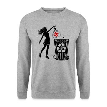 FCK NZS - Gegen Rechts - halte deine umwelt sauber - Unisex Pullover - Weißgrau meliert - Vorne - Alina (178cm) & Michal (187cm)