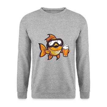 Goldfisch Apres Ski Bier Comic - Unisex Pullover - Weißgrau meliert - Vorne - Alina (178cm) & Michal (187cm)
