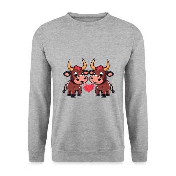 Stier Paar Herz - Unisex Pullover - Weißgrau meliert - Vorne - Alina (178cm) & Michal (187cm)
