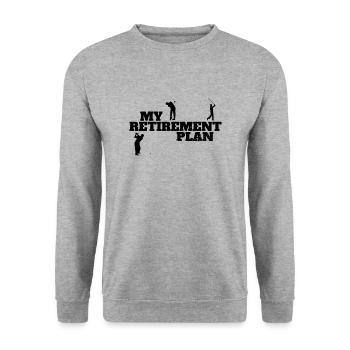 Mens Funny Golf Graphic - Mein Ruhestandsplan - Unisex Pullover - Weißgrau meliert - Vorne - Alina (178cm) & Michal (187cm)
