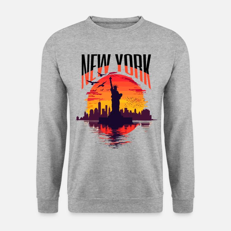 New York City Skyline Freiheitsstatue Sonne USA - Unisex Pullover - Weißgrau meliert