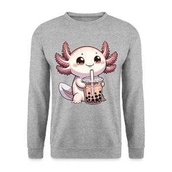 Axolotls trinken Bubble Tea kawaii Boba Axolotl - Unisex Pullover - Weißgrau meliert - Vorne - Alina (178cm) & Michal (187cm)