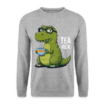 Tea Rex – Lustiger Dinosaurier mit Teetasse - Unisex Pullover - Weißgrau meliert - Vorne - Alina (178cm) & Michal (187cm)