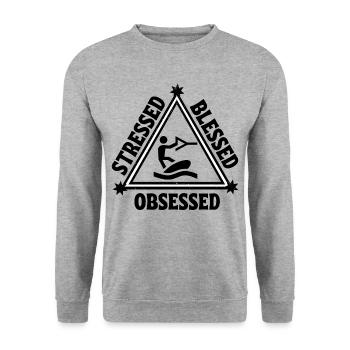 Wakeboarden: Gestresst. Selig. Besessen. - Unisex Pullover - Weißgrau meliert - Vorne - Alina (178cm) & Michal (187cm)