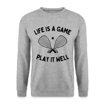 Raquetball: La vie est un jeu. Jouez bien. - Sweat-shirt Unisexe - gris chiné - Devant - Alina (178cm) & Michal (187cm)