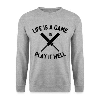 Cricket: Das Leben ist ein Spiel - spielen Sie es gut. - Unisex Pullover - Weißgrau meliert - Vorne - Alina (178cm) & Michal (187cm)