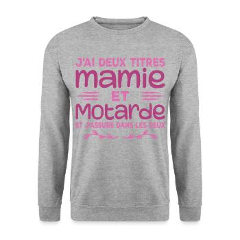 Zwei Granny- und Biker-Titel | Oma | Motorrad - Unisex Pullover - Weißgrau meliert - Vorne - Alina (178cm) & Michal (187cm)