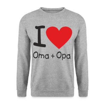 I Love OMA + OPA - RAHMENLOS Baby - Unisex Pullover - Weißgrau meliert - Vorne - Alina (178cm) & Michal (187cm)
