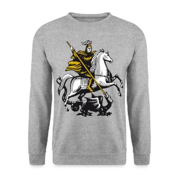 Ritter & Drache Drachentöter Pferd & Reiter - Unisex Pullover - Weißgrau meliert - Vorne - Alina (178cm) & Michal (187cm)