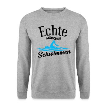 Schwimmen – Shirt Badehose baden Freibad Geschenk - Unisex Pullover - Weißgrau meliert - Vorne - Alina (178cm) & Michal (187cm)