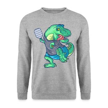 Pickleball Saurus Dinosaur T-Rex avec raquette - Sweat-shirt Unisexe - gris chiné - Devant - Alina (178cm) & Michal (187cm)