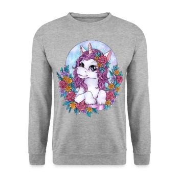 Niedliches Einhorn mit Blumen Geschenk Mädchen - Unisex Pullover - Weißgrau meliert - Vorne - Alina (178cm) & Michal (187cm)