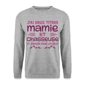 Zwei Titel Granny Hunter | Oma | Jagd - Unisex Pullover - Weißgrau meliert - Vorne - Alina (178cm) & Michal (187cm)