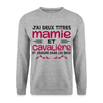 Zwei Titel Granny Rider | Oma | Pferd - Unisex Pullover - Weißgrau meliert - Vorne - Alina (178cm) & Michal (187cm)