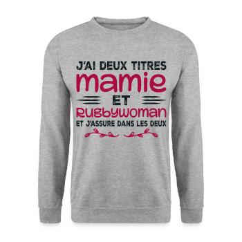 Zwei Granny Rugbywoman-Titel | Oma, Rugby - Unisex Pullover - Weißgrau meliert - Vorne - Alina (178cm) & Michal (187cm)