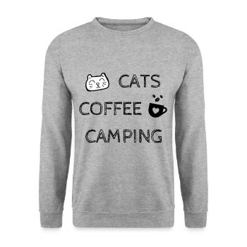 Katzen. Kaffee. Camping - Unisex Pullover - Weißgrau meliert - Vorne - Alina (178cm) & Michal (187cm)