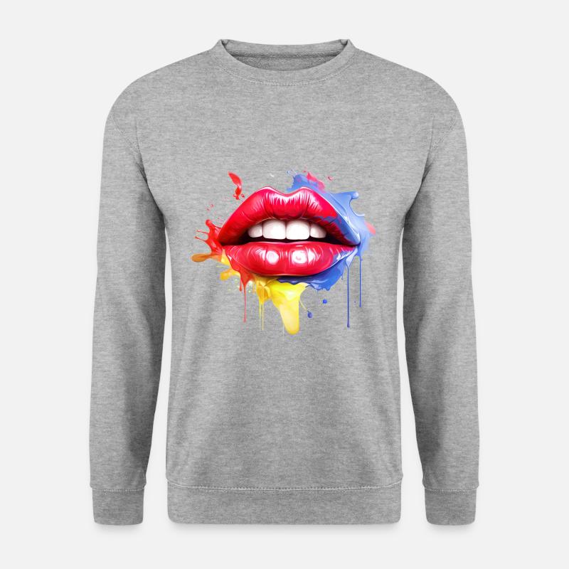 Bunte Lippen Kussmund Frauengesicht Geschenkidee - Unisex Pullover - Weißgrau meliert
