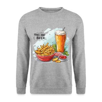 Fries And Beer Essen Alkohol Lustige Sprüche - Unisex Pullover - Weißgrau meliert - Vorne - Alina (178cm) & Michal (187cm)