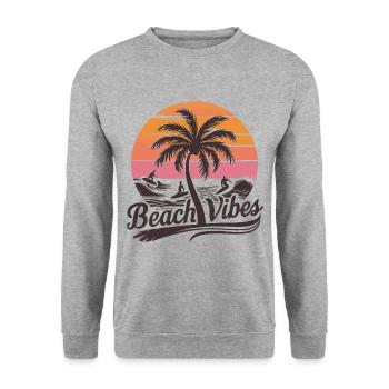 Beach Vibes Retro Surfer Palmenstrand Urlaub - Unisex Pullover - Weißgrau meliert - Vorne - Alina (178cm) & Michal (187cm)
