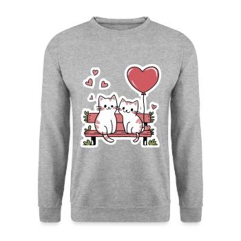Katzenpaar auf einer Parkbank mit Herzen - Unisex Pullover - Weißgrau meliert - Vorne - Alina (178cm) & Michal (187cm)