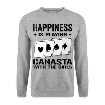 Glück beim Spielen von Canasta mit den Mädchen | Canasta - Unisex Pullover - Weißgrau meliert - Vorne - Alina (178cm) & Michal (187cm)